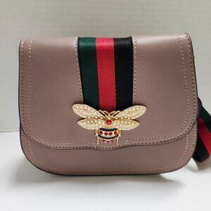 Elegant Taupe‎ Crossbody Bag With Embellished Bee & Striped Strap